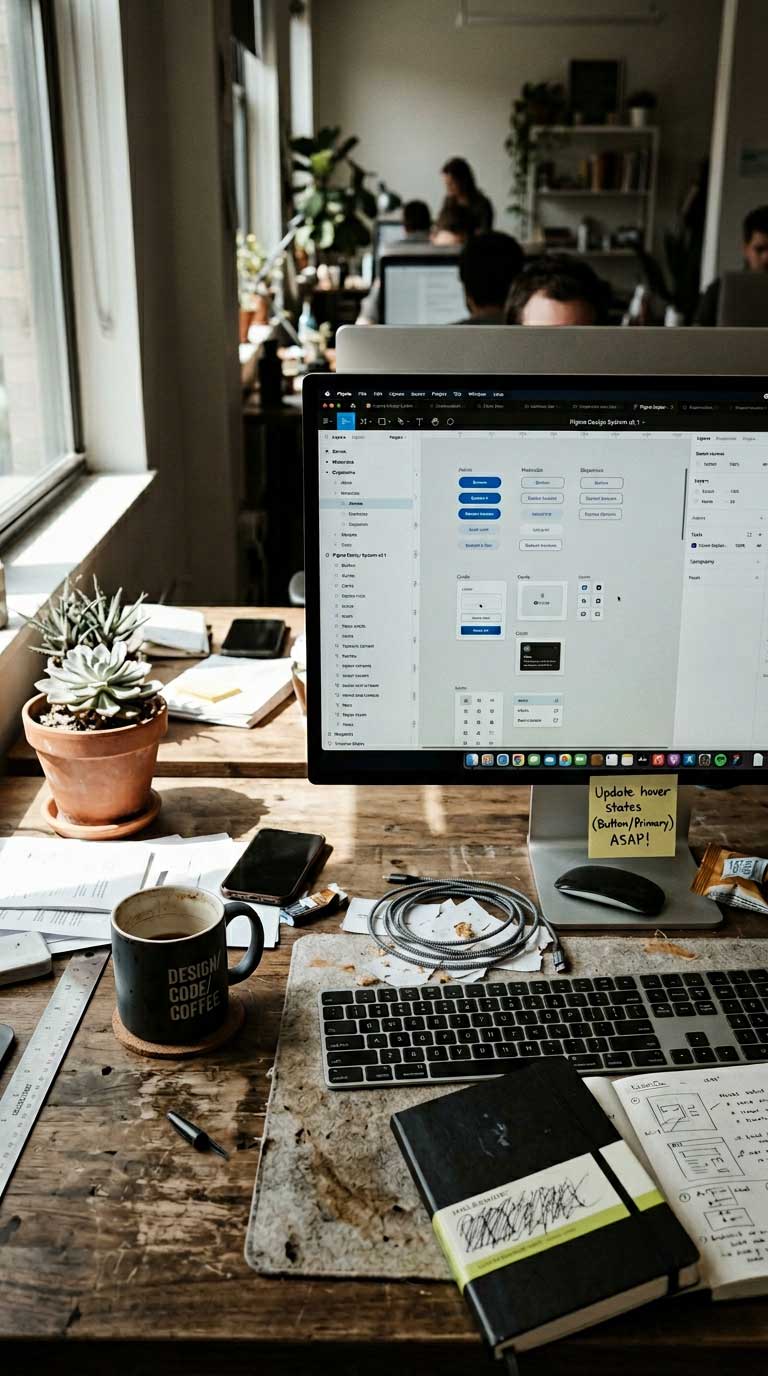 Studio desk with a monitor showing a design system component library, beside a keyboard, notebooks and a coffee mug