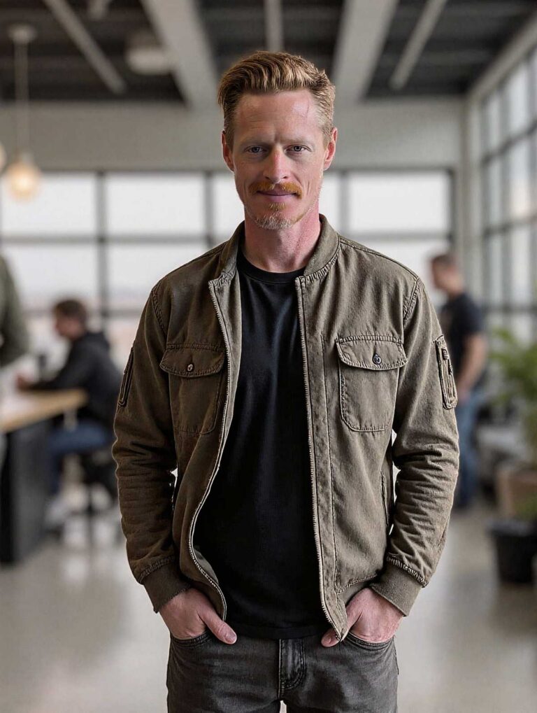 Portrait of Justin Smith in an olive jacket, standing in a bright open-plan office